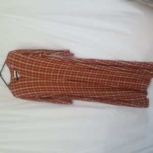 Flax L - women's rust/tan/peach/cream plaid 3/4 sleeve midi dress